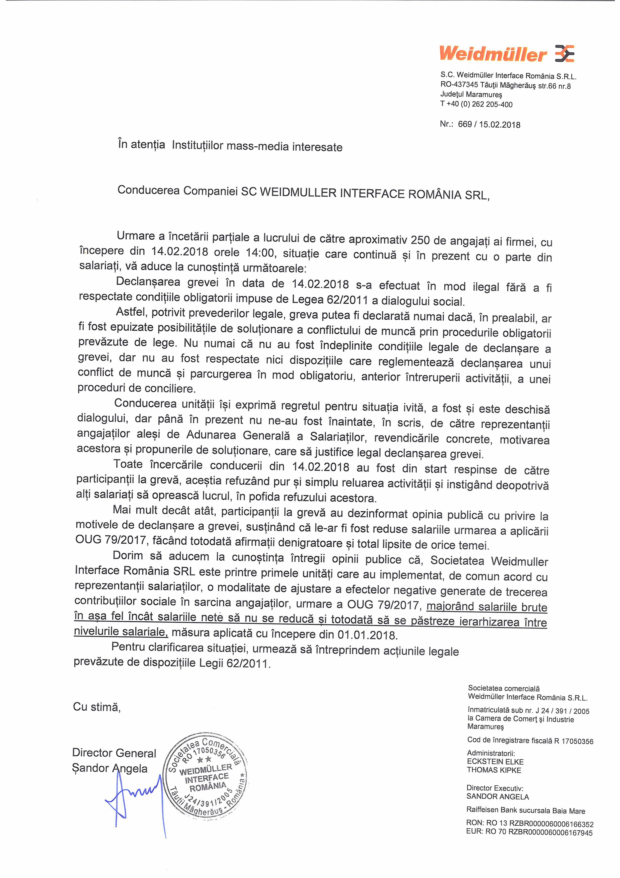 Comunicat al conducerii Companiei SC Weidmuller Interface România SRL