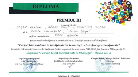 Premiu național pentru creativitate tehnologică, ajuns la  Școala ”Lucian Blaga”