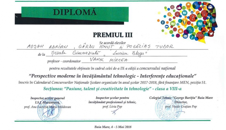 Premiu național pentru creativitate tehnologică, ajuns la  Școala ”Lucian Blaga”