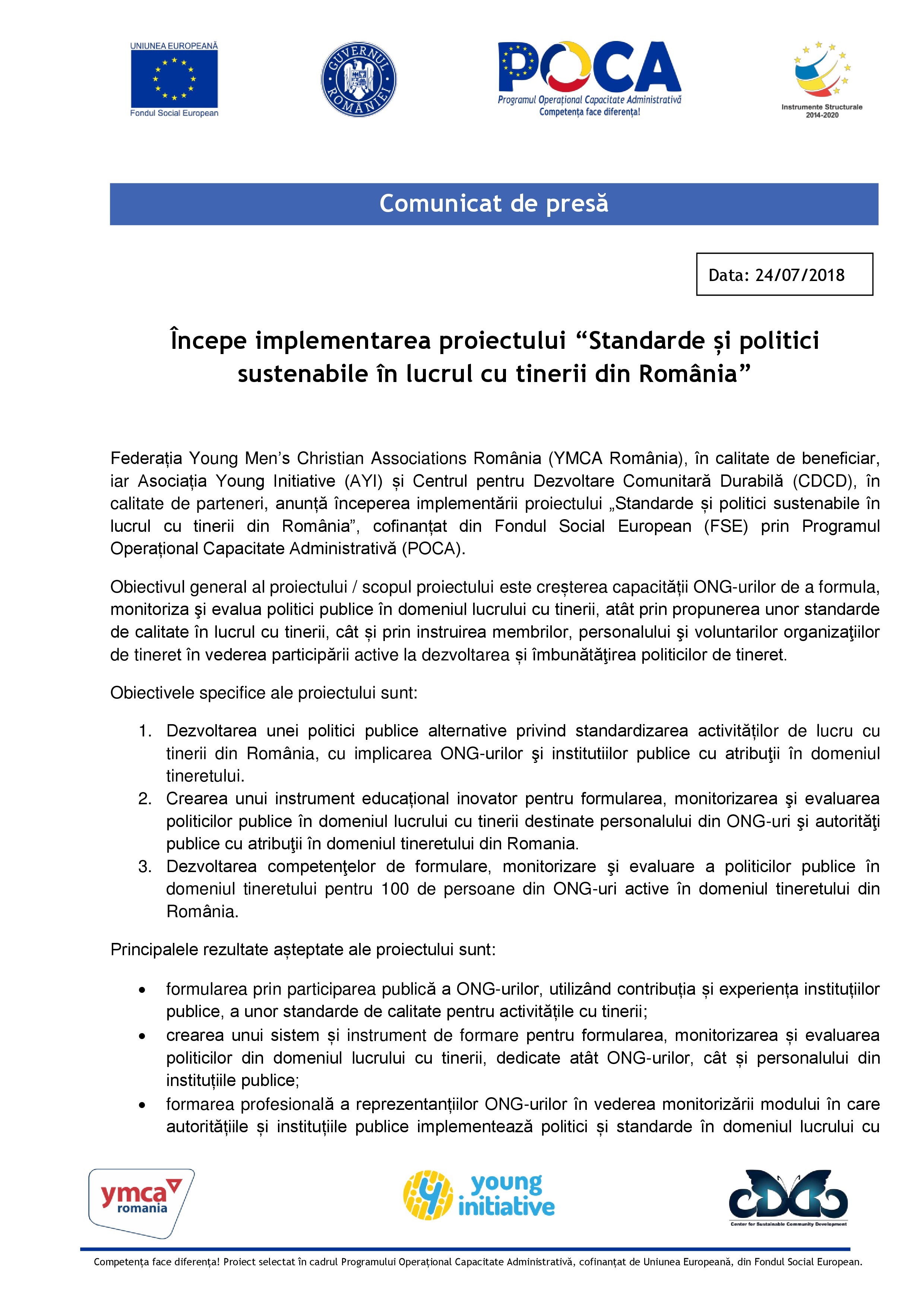 COMUNICAT DE PRESĂ: Demararea proiectului „Standarde și politici sustenabile în lucrul cu tinerii din România”