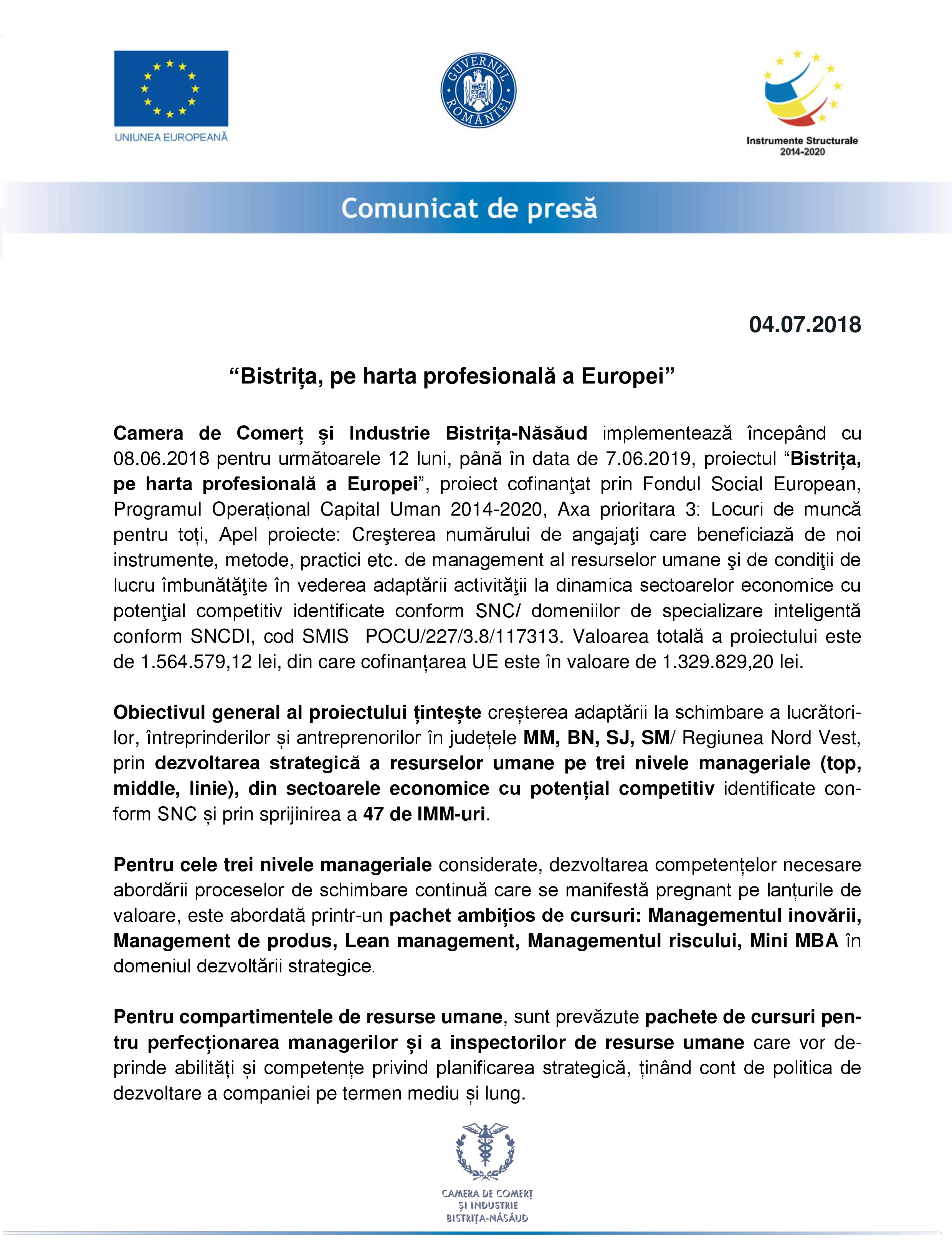 Comunicat de presă: ”Bistrița, pe harta profesională a Europei”