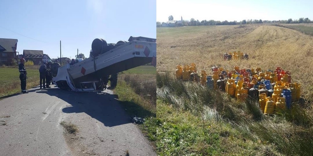 Un rănit, după ce s-a răsturnat cu o mașina plină de butelii (GALERIE FOTO)