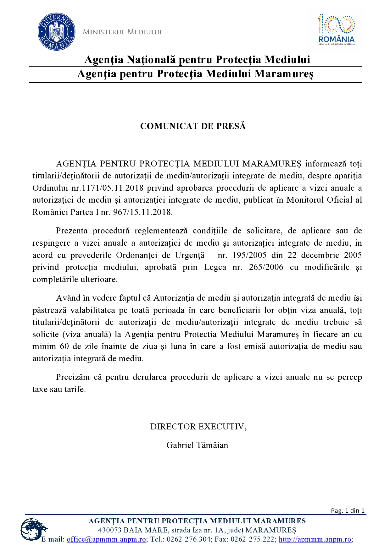 Comunicat de presă al Agenției pentru Protecția Mediului Maramureș
