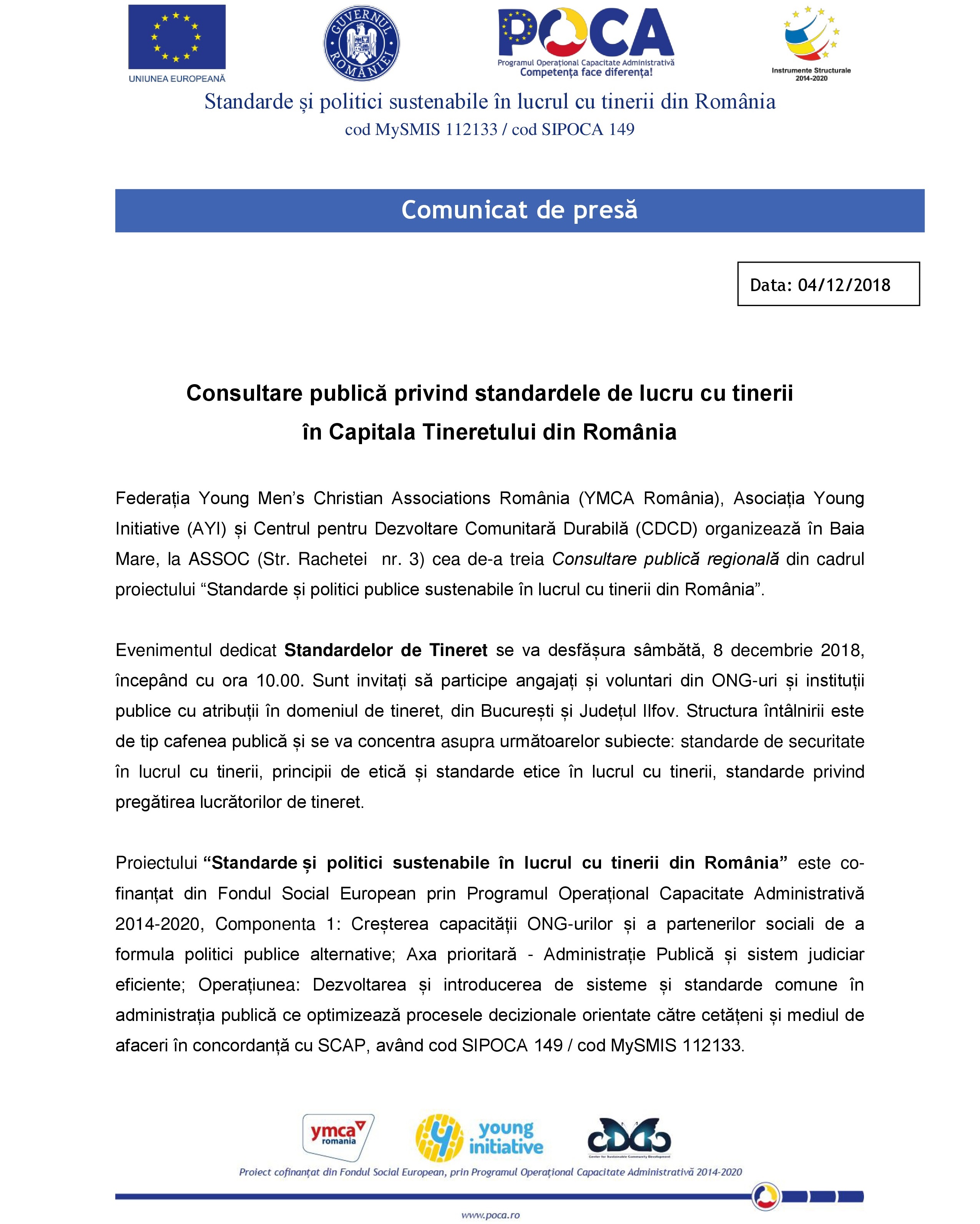 Comunicat de presă: Consultare publică privind standardele de lucru cu tinerii în Capitala Tineretului din România