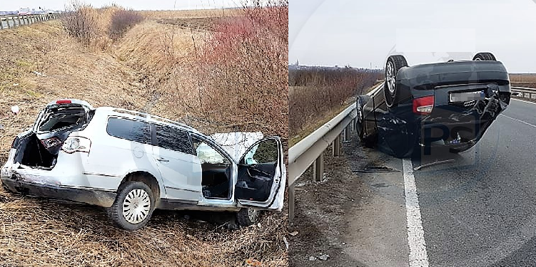 Acroșaj spectaculos: unul în șanț, altul răsturnat pe plafon