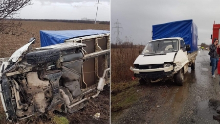 O autoutilitară răsturnată după un accident pe DJ193 E (VIDEO)