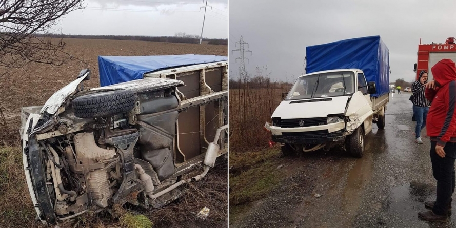 O autoutilitară răsturnată după un accident pe DJ193 E (VIDEO)