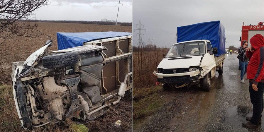 O autoutilitară răsturnată după un accident pe DJ193 E (VIDEO)