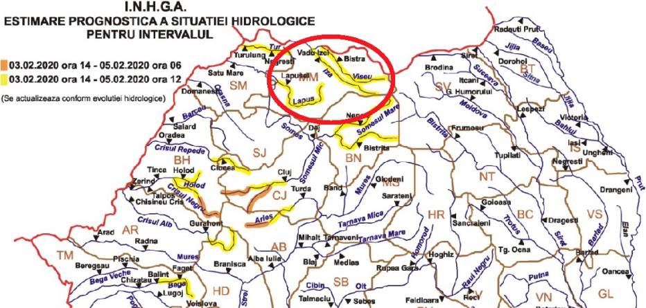 Atenționare hidrologică pentru bazinele Vișeu, Iza și Lăpuș