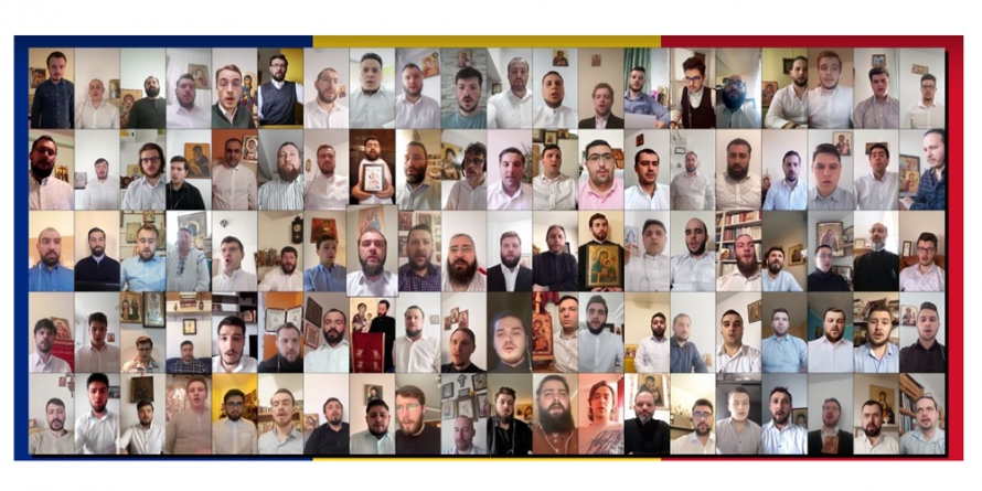 Imnul „Apărătoare Doamnă” interpretat de 100 de psalţi români; printre ei se află și trei membri ai Grupului „Theologos”