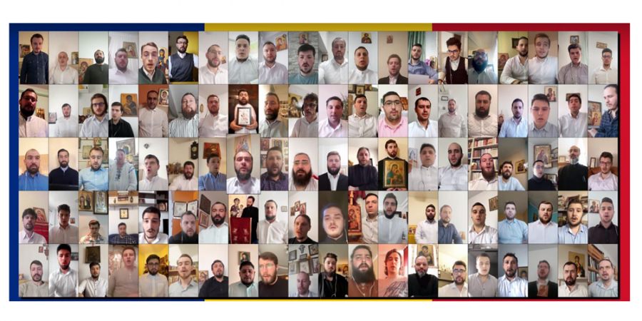Imnul „Apărătoare Doamnă” interpretat de 100 de psalţi români; printre ei se află și trei membri ai Grupului „Theologos”