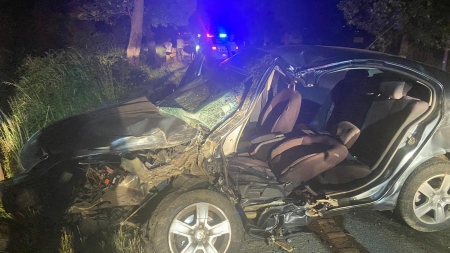 Accident violent: Un tânăr din Cicârlău a pierdut controlul volanului și s-a izbit puternic de un copac de pe marginea acostamentului DN1C (FOTO)