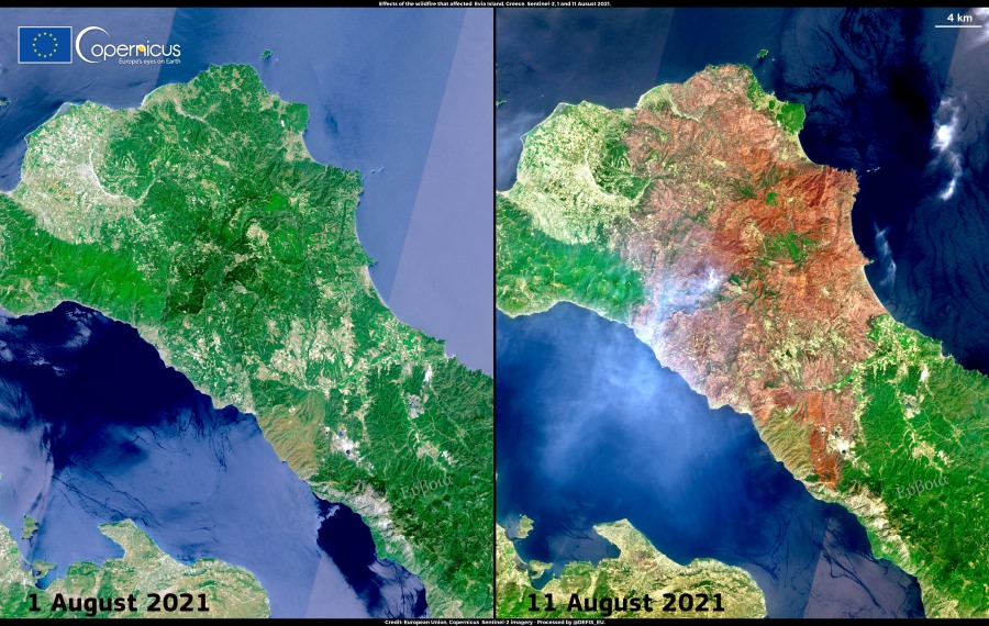 Cum arată insula Evia înainte și după incendii. Imagini incredibile din satelit surprind proporțiile dezastrului (FOTO)