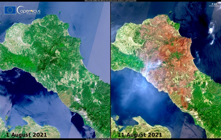 Cum arată insula Evia înainte și după incendii. Imagini incredibile din satelit surprind proporțiile dezastrului (FOTO)