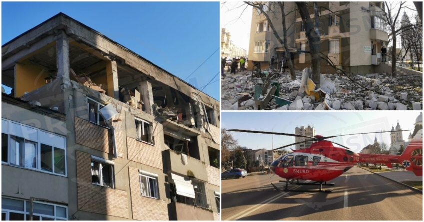 Explozie devastatoare la Carei: 11 victime, 4 în stare critică, 16 apartamente afectate, mașini avariate. Elicopterul SMURD solicitat să intervină
