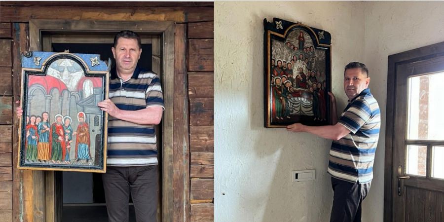 Casa restaurată, de lângă Primăria Giulești, străjuită de icoana Maicii Domnului: Este icoană împărătească, din lemn, pictată în Școala Transilvană