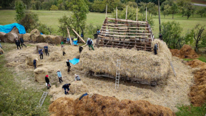 Clacă reușită: O șură a fost învelită cu paie în Preluca Noua