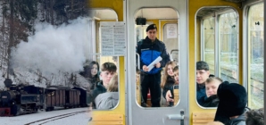 Jandarmi montani alături de elevi la plimbare cu Mocănița