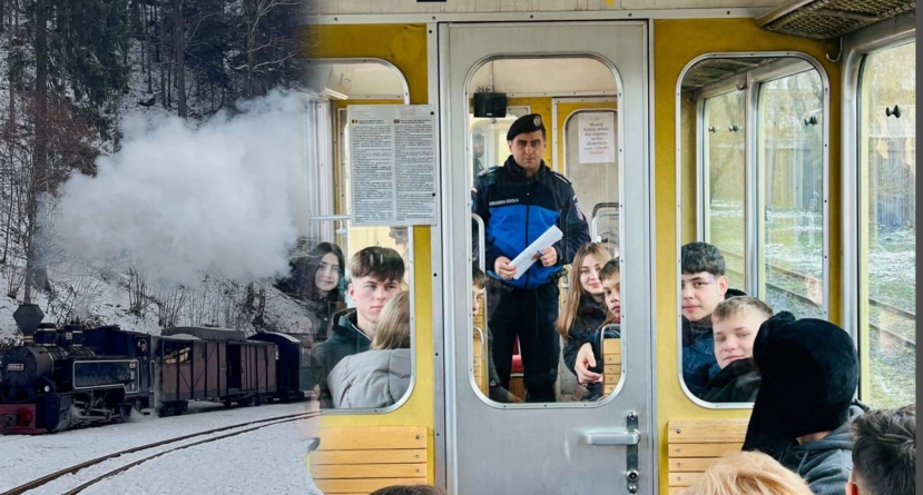 Jandarmi montani alături de elevi la plimbare cu Mocănița