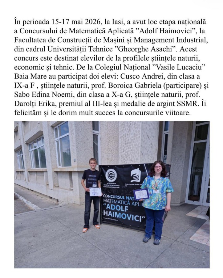 Sabo Edina Noemi de la Colegiul „Vasile Lucaciu” Baia Mare, premiul III și medalie de argint SSMR la la Concursul „Adolf Haimovici”