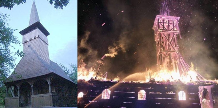 Incendiu puternic la biserica de lemn din Posta. Pompierii au intervenit cu mai multe echipaje